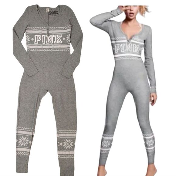 PINK VS 2016 Grey Fair Isle Winter Thermal Long Sleeve Onesie PJs Medium - Picture 1 of 16
